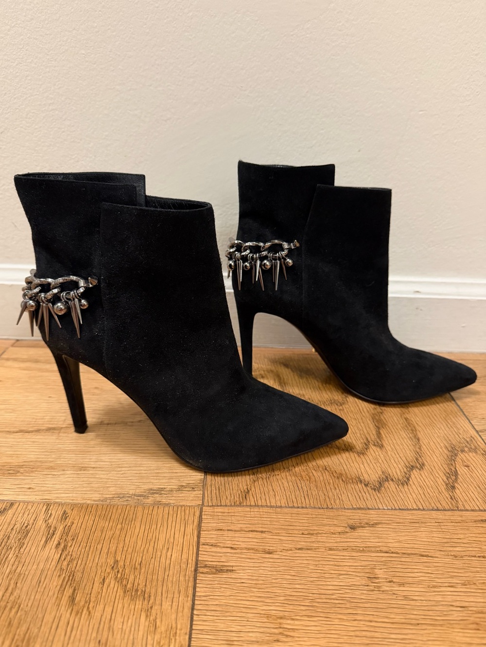 Sergio Rossi Black Suede Pointed-Toe Ankle Boots with Silver Spike Accent